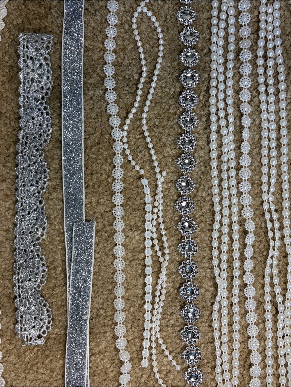 Silver Pearl and Rhinestone ribbon pieces